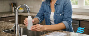 a woman at kitchen sink adding water to a bottle for water quality test
