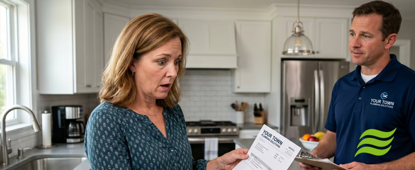 A plumber handing a customer an expensive bill and the woman is shocked