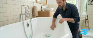 Man looking at green and blue stains in his bathtub from copper pipes corroding from age and chlorine