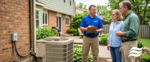 AC Repair guy standing with a couple out by their HVAC unit