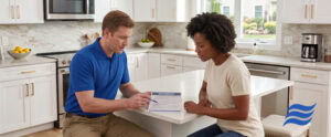 HVAC service tech going over HVAC Warranty with customer in kitchen
