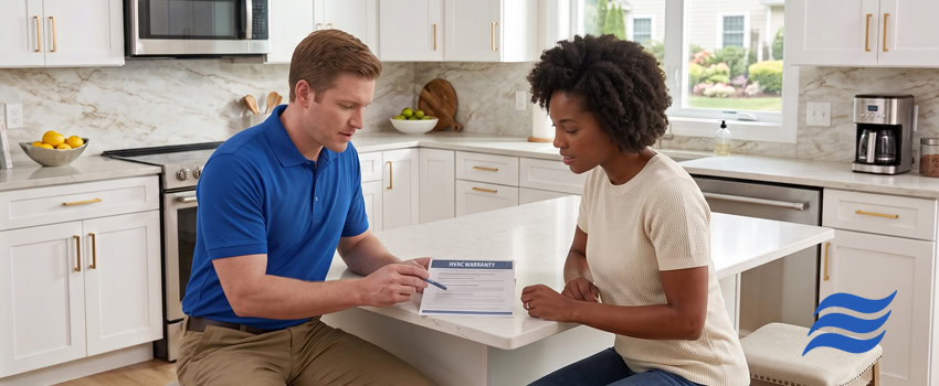HVAC service tech going over HVAC Warranty with customer in kitchen