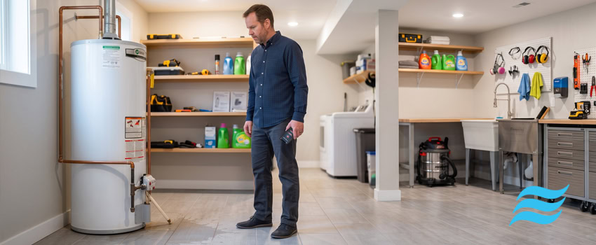 man staring at water leaking from his water heater into the floor. phone in hand to call a plumber