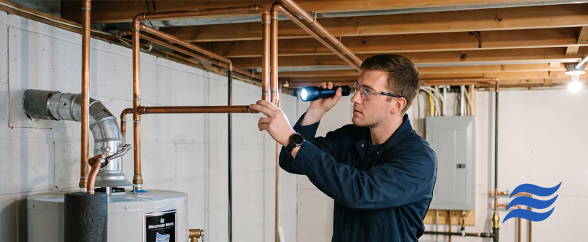 plumber inspecting copper pipe in basement/water heater