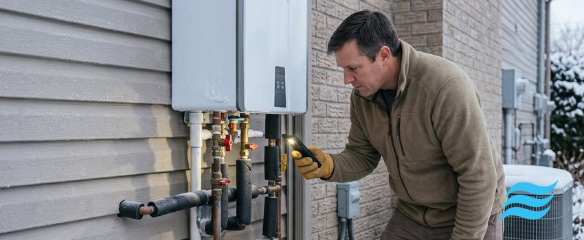 man checking tankless water heater outside in winter
